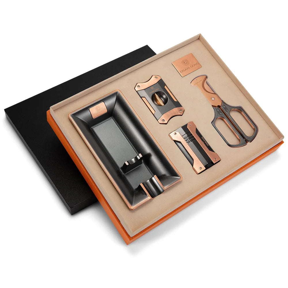 Luxury 4-Piece Cigar Accessory Set – Lighter, Cutter, Scissors & Ashtray