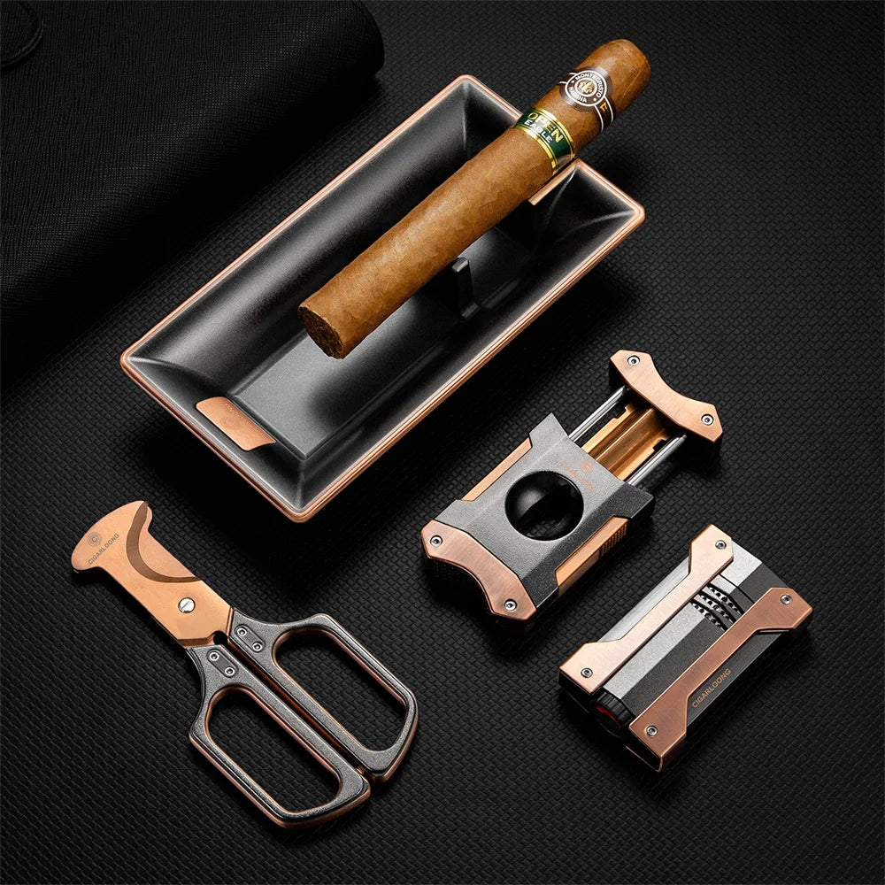 Luxury 4-Piece Cigar Accessory Set – Lighter, Cutter, Scissors & Ashtray