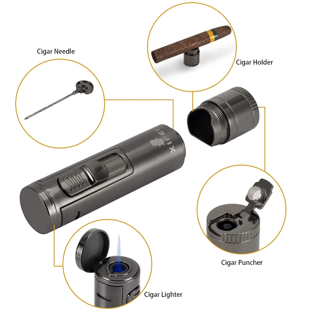 Cigar accessory set with lighter, needle, holder, and puncher on a white background