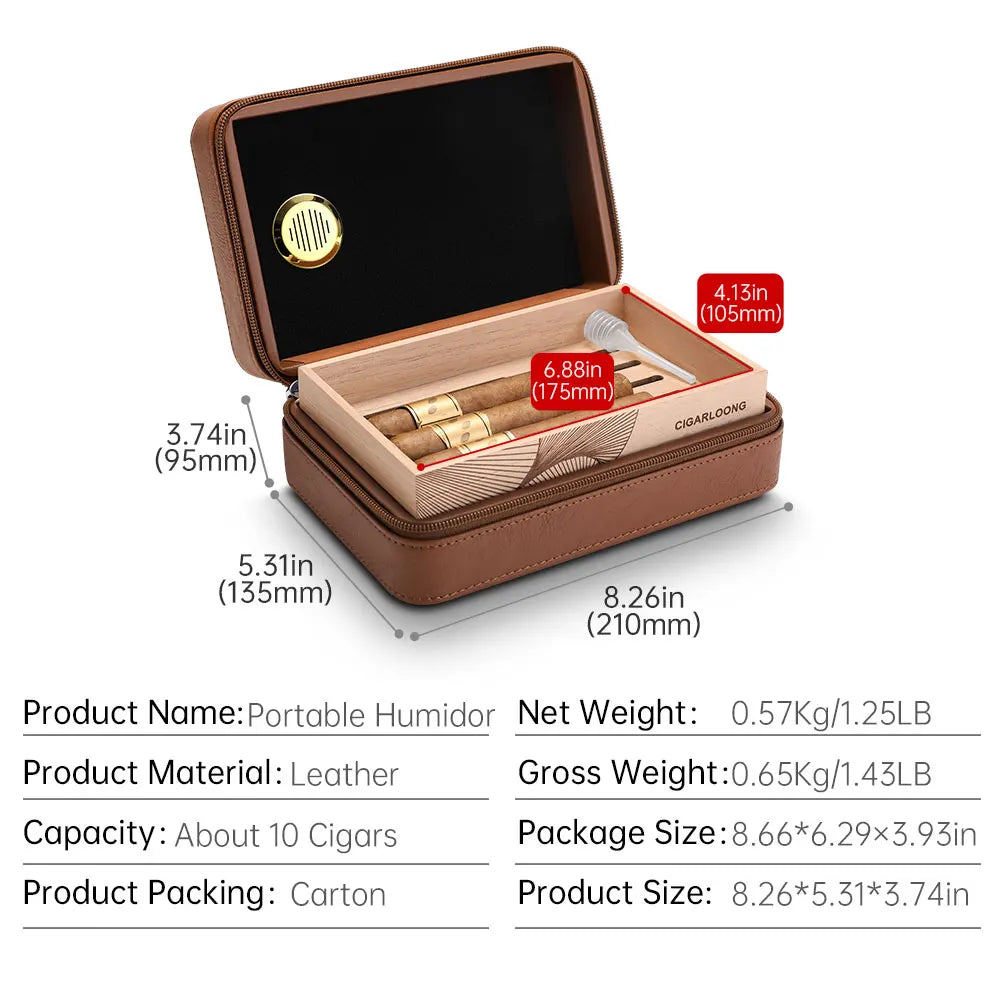Humidor de puros de viaje de cuero premium de 10 unidades con revestimiento de cedro
