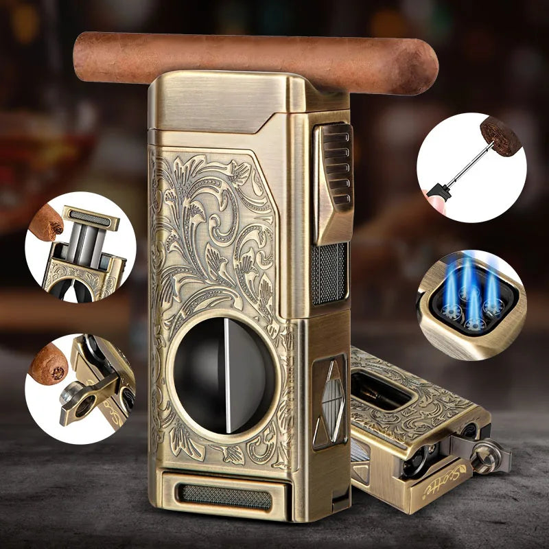 5-in-1 Premium Cigar Lighter with V-Cut, Punch & Quad Torch