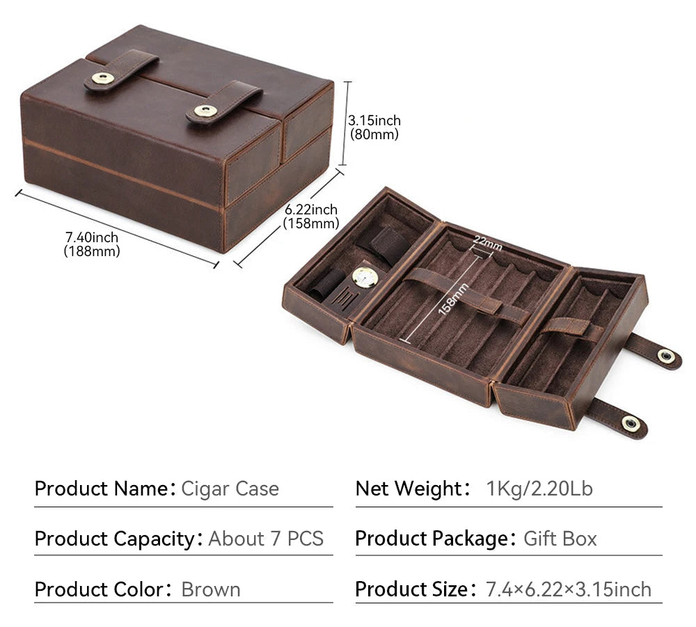 Leather Travel Cigar Humidor Case with Accessory Storage