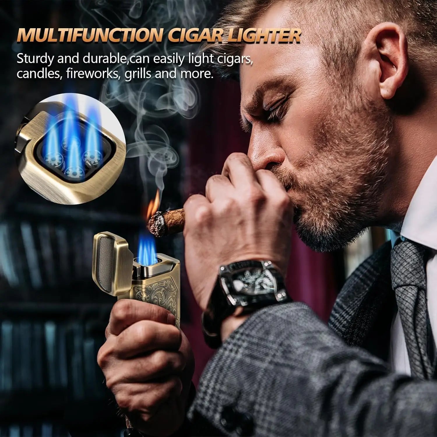 5-in-1 Premium Cigar Lighter with V-Cut, Punch & Quad Torch