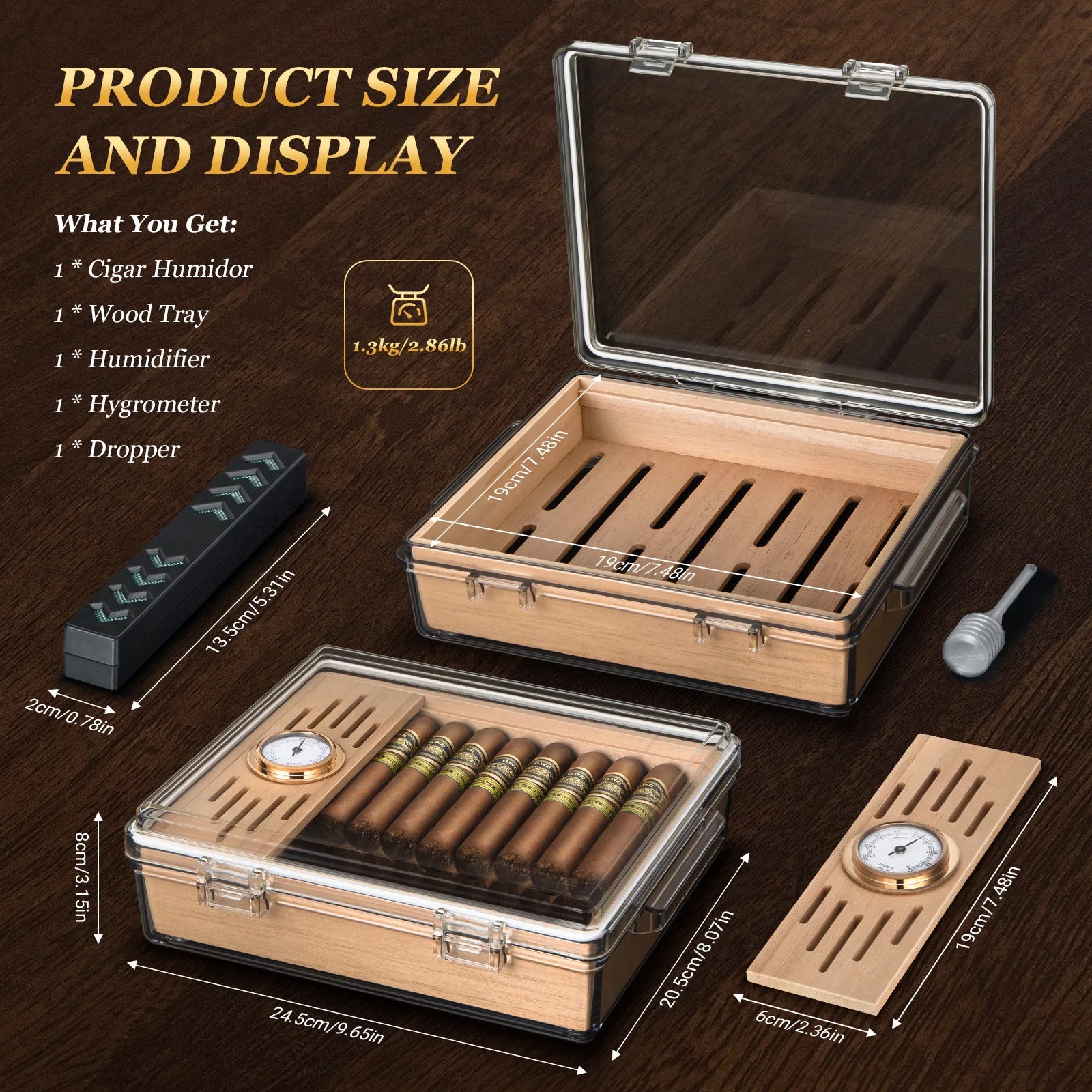 Transparent Acrylic Cedar Wood Cigar Humidor Display Case