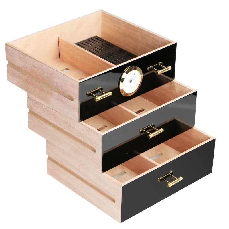 Luxury 3-Drawer Cedar Wood Cigar Humidor Cabinet with Hygrometer