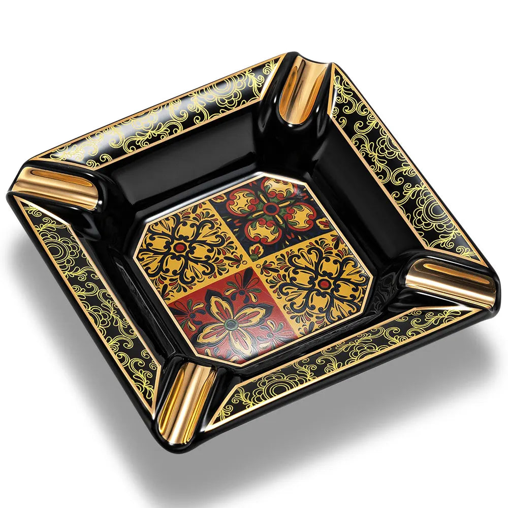 Luxury Ceramic Cigar Ashtray with Gold Accents & Four Rests