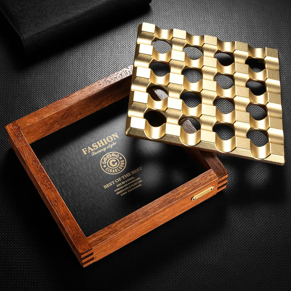 Gold and wooden tray on a dark textured surface