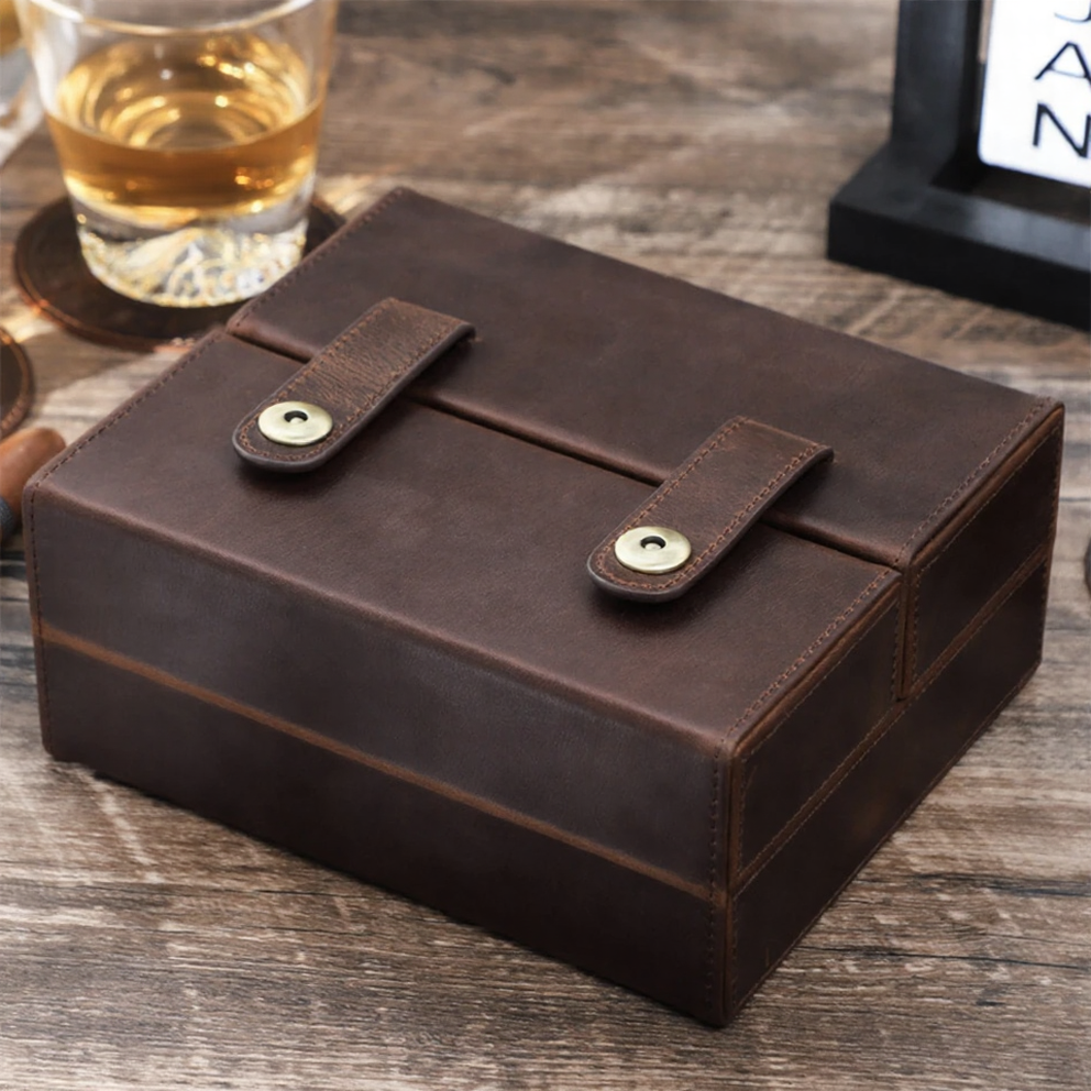 Leather Travel Cigar Humidor Case with Accessory Storage