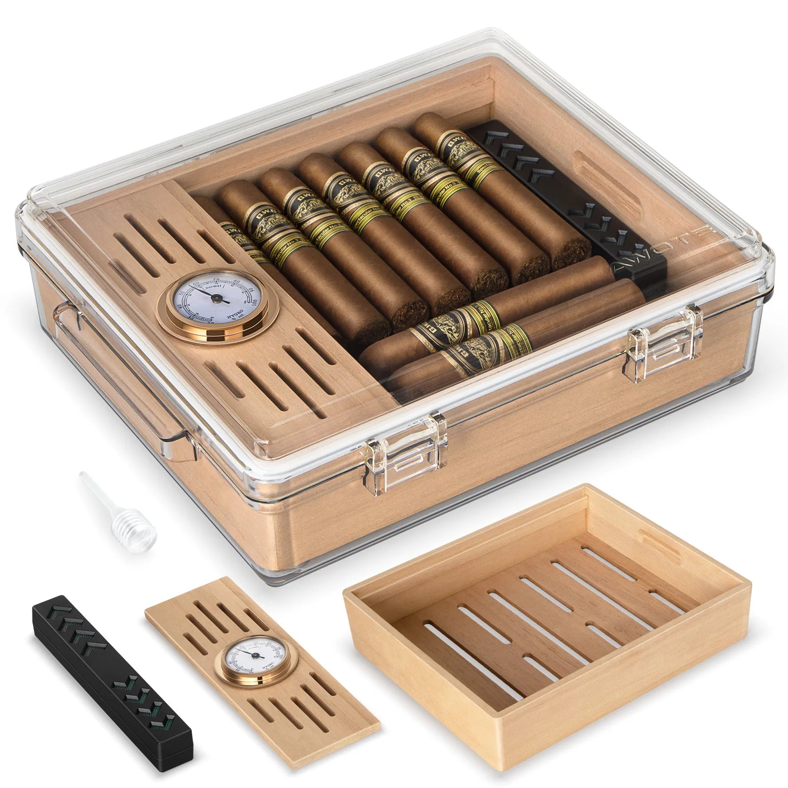 Transparent Acrylic Cedar Wood Cigar Humidor Display Case