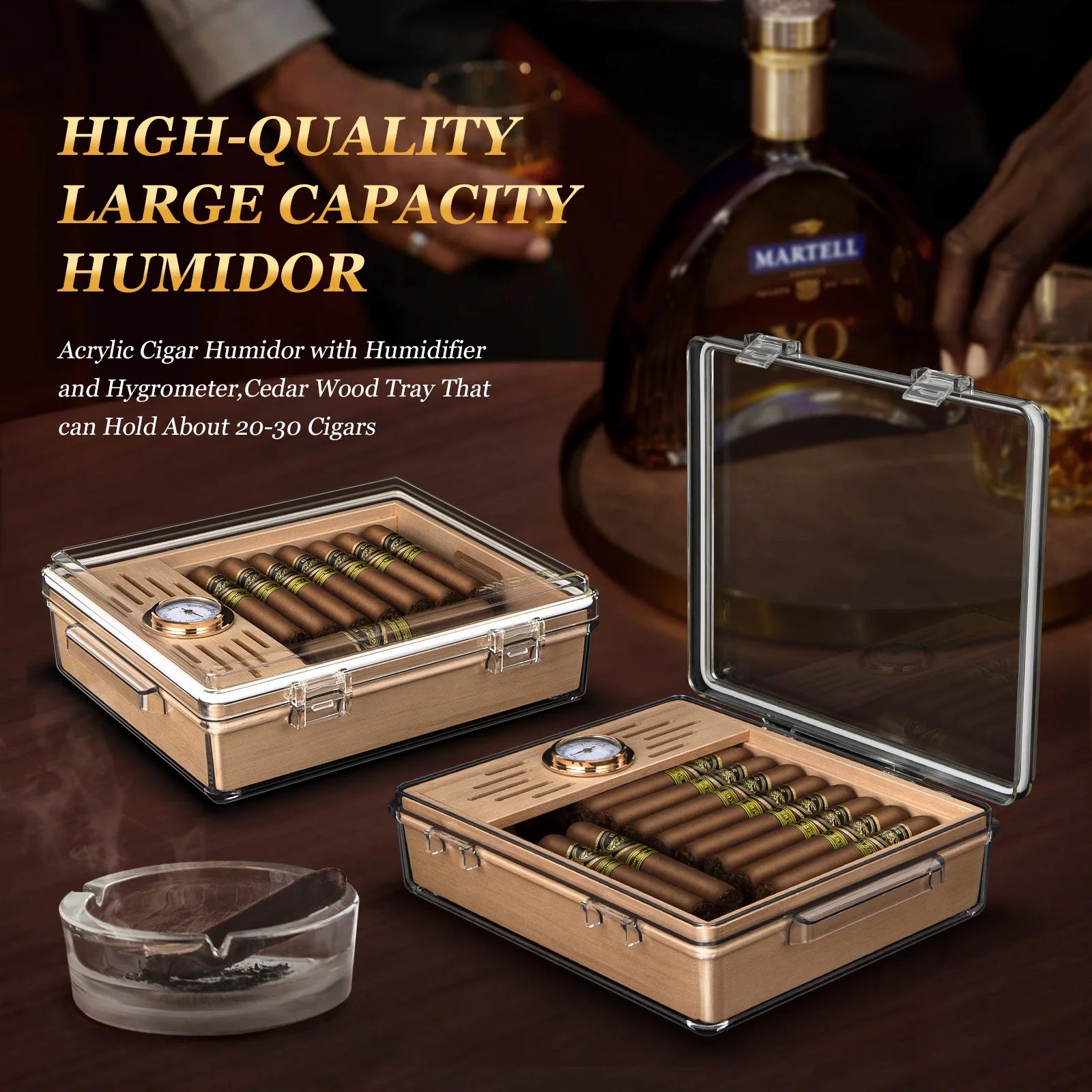 Transparent Acrylic Cedar Wood Cigar Humidor Display Case