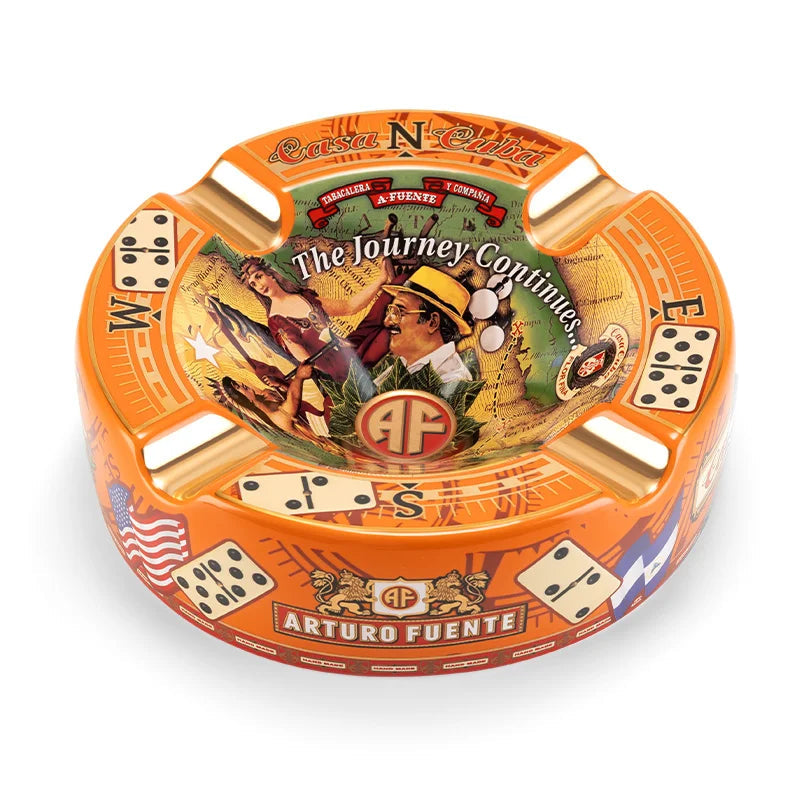 Arturo Fuente cigar tin with decorative design and text on a white background