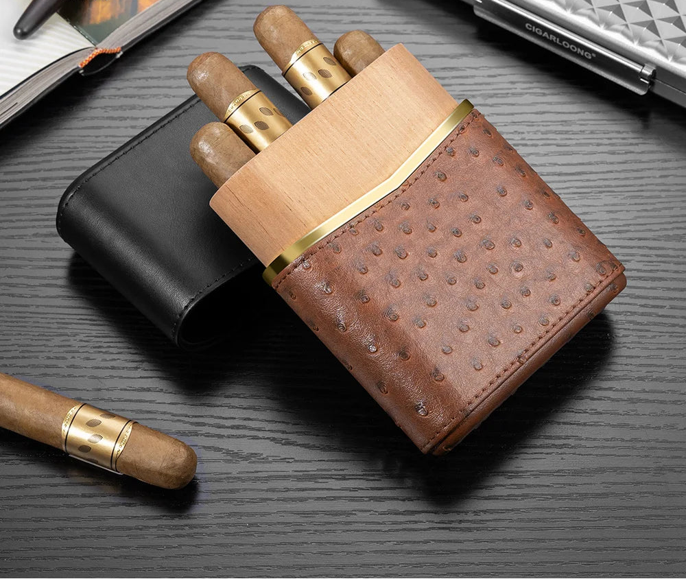 Brown leather cigar case with cigars on a dark surface, featuring Cigarloong branding.