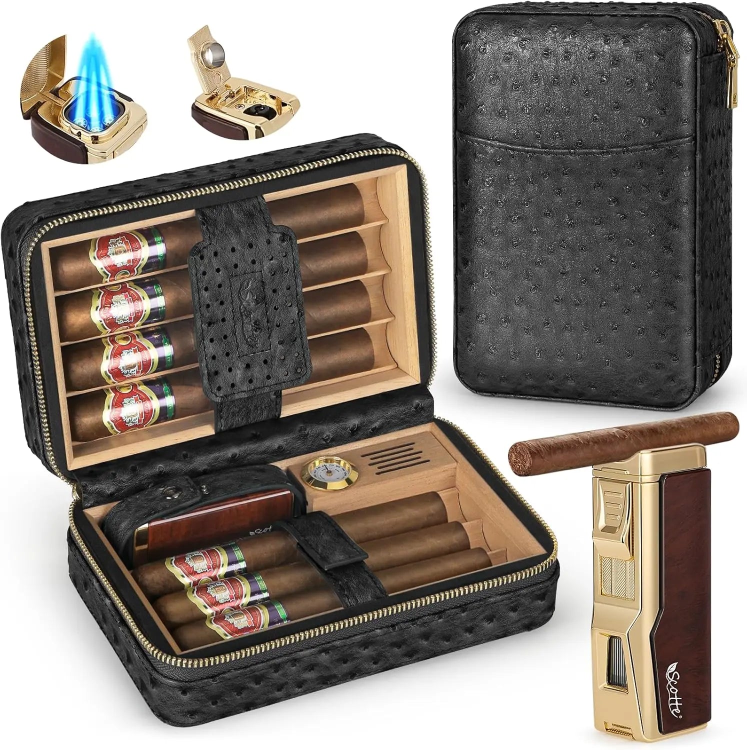 Luxury Leather Travel Cigar Humidor Set with Lighter & Accessories