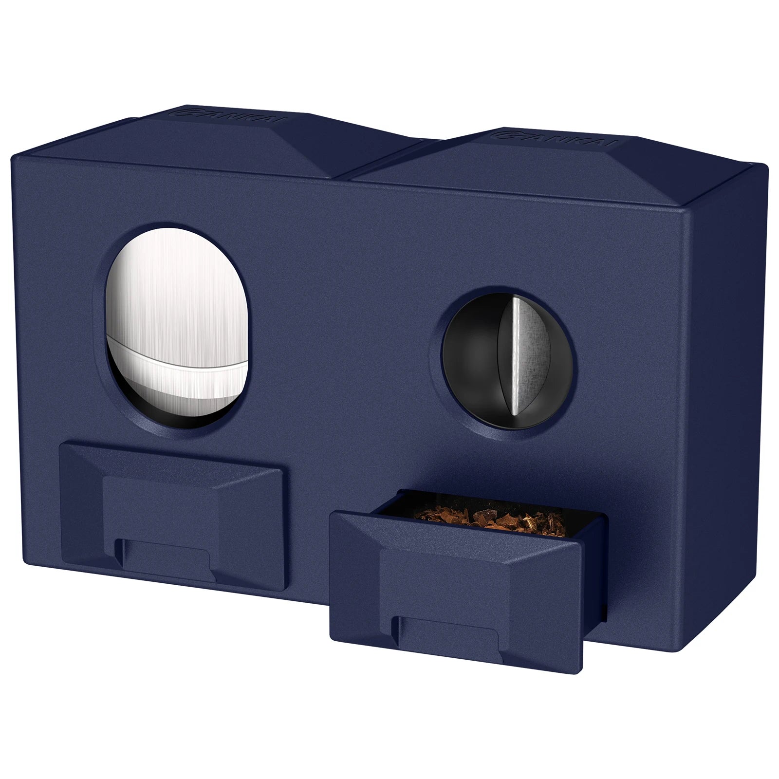 Blue pet toy with circular holes and a small compartment on a white background