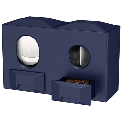 Blue pet toy with circular holes and a small compartment on a white background