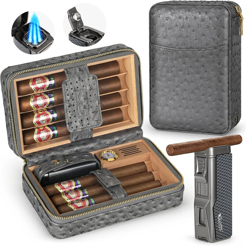 Luxury Leather Travel Cigar Humidor Set with Lighter & Accessories