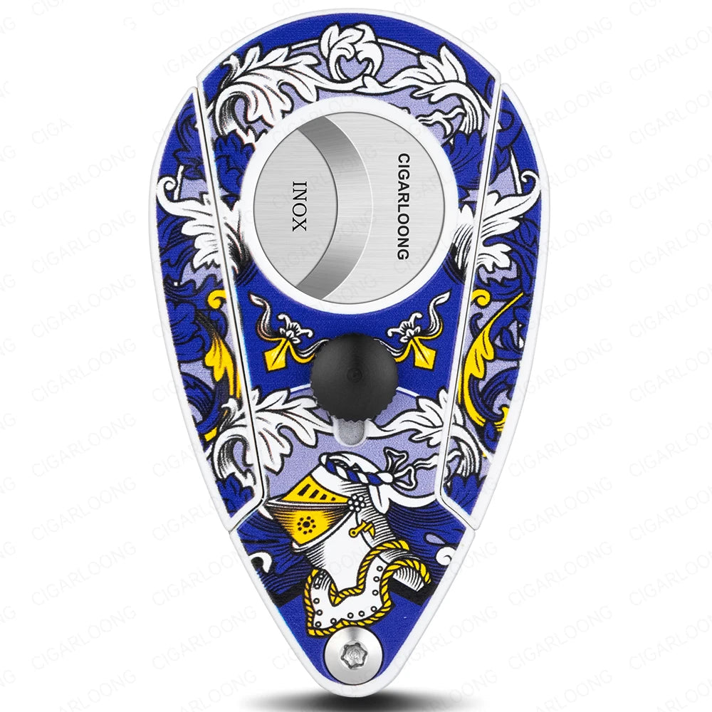Cigar cutter with decorative blue and white design on a white background