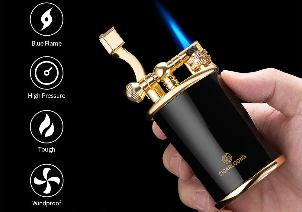Cigar lighter with blue flame held by a hand, featuring Cigarloong branding.