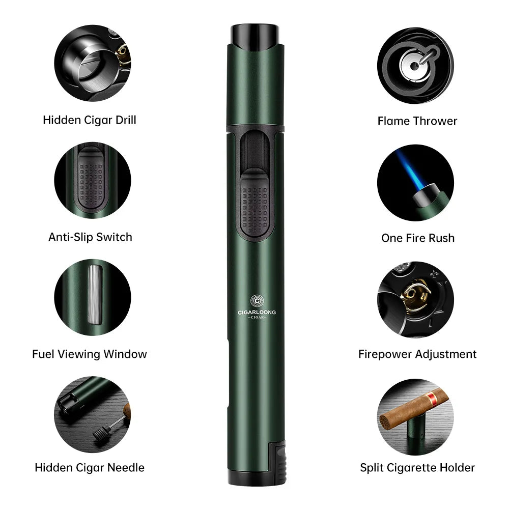 Green lighter with various features highlighted on a white background