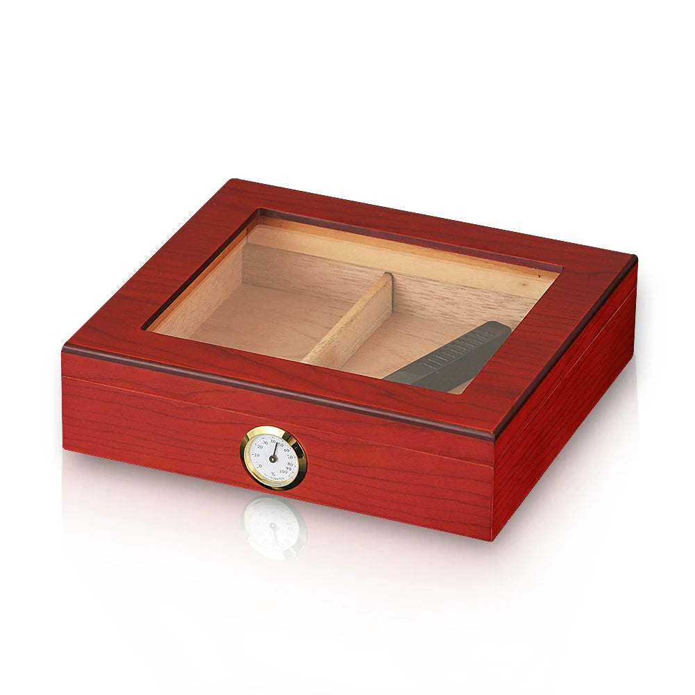 Red wooden humidor with glass top on a white background