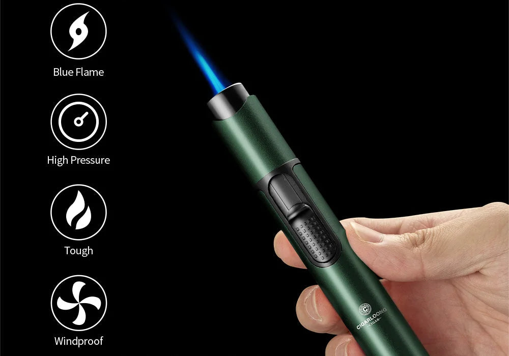 Cigar lighter with blue flame held by a hand, against a black background with text about windproof flame technology.