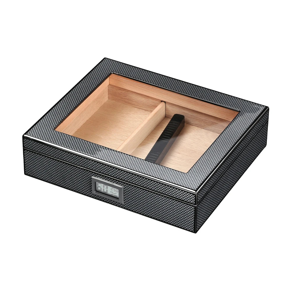 Cigar humidor with wooden interior and black exterior on a white background