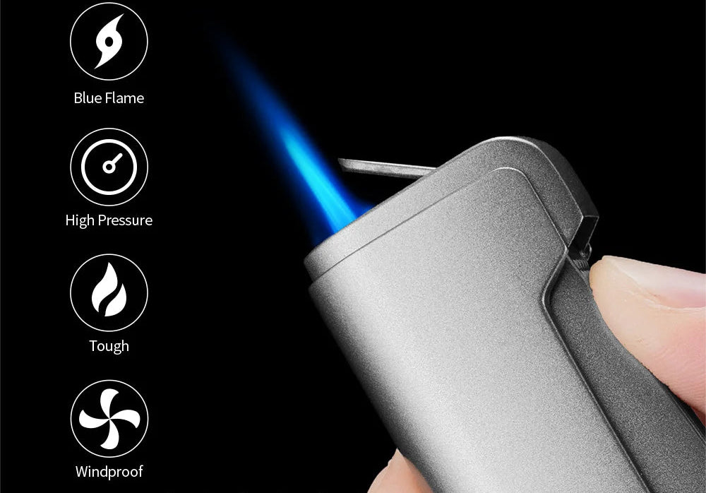Windproof flame lighter with blue flame on a black background, featuring Cigarloong branding.