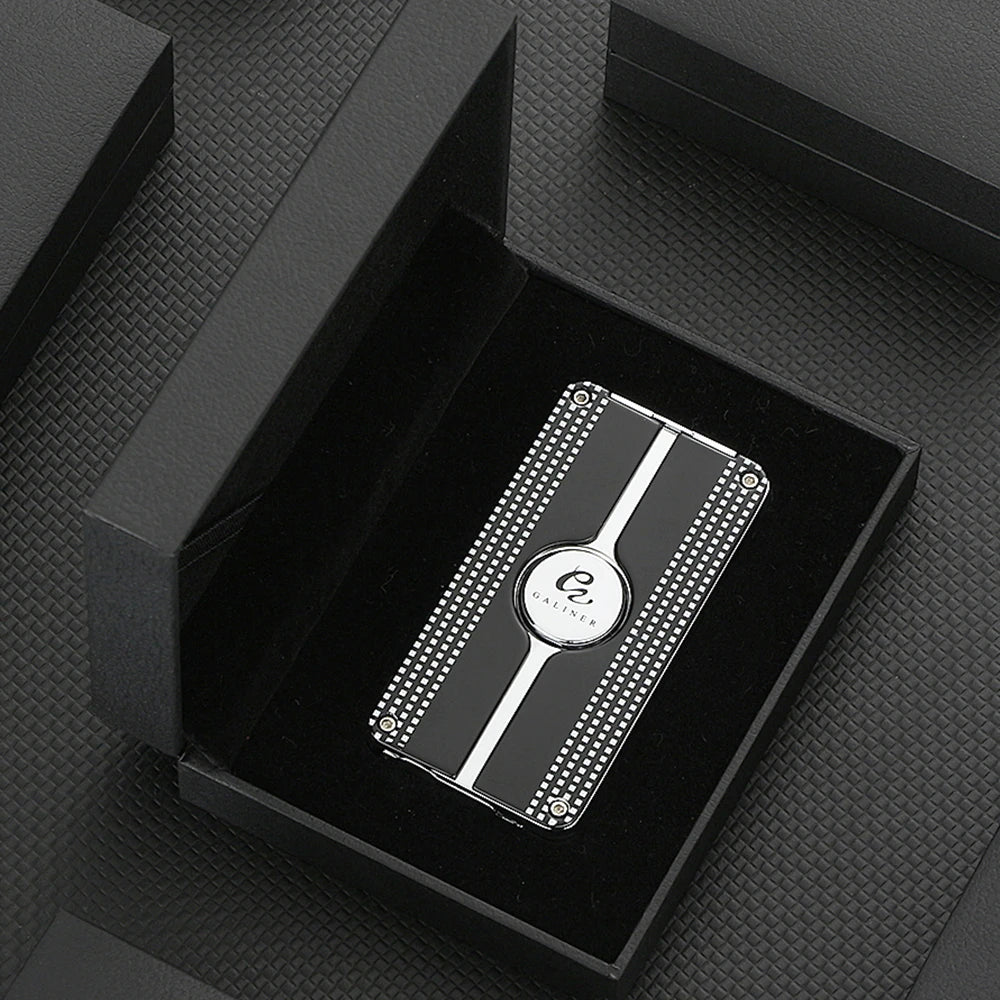 Silver and black cardholder with brand logo in a black box on a dark textured background