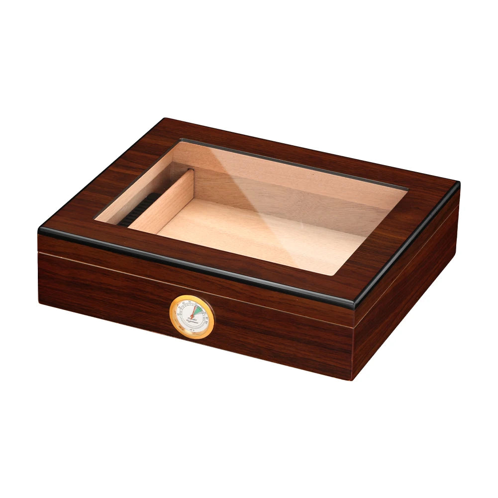 Wooden humidor with glass top on a white background