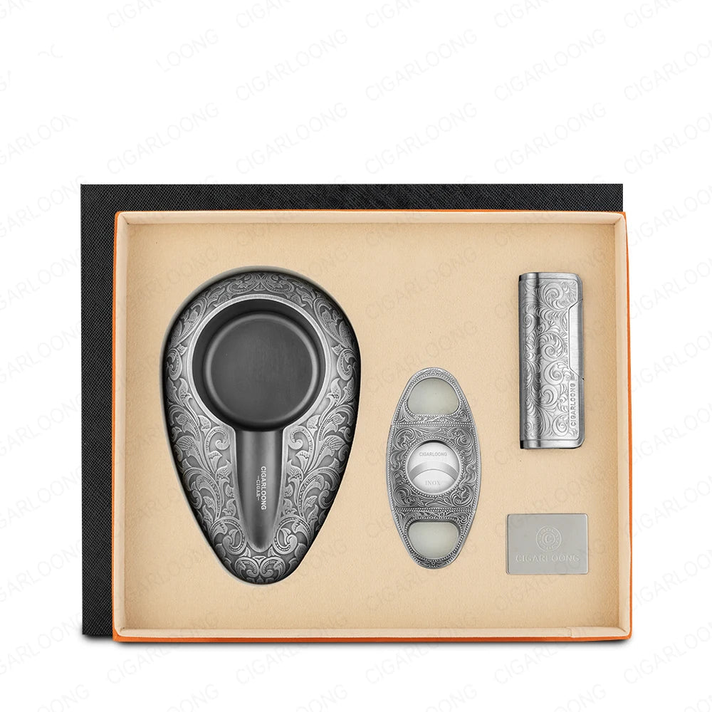Luxury 3-Piece Cigar Accessory Gift Set – Lighter, Cutter & Ashtray