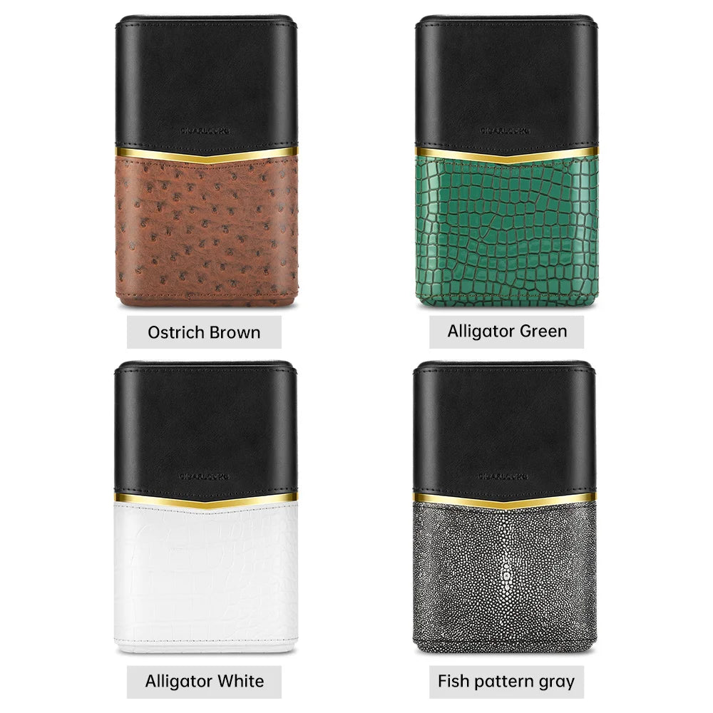 Four different color options of a leather case with gold accents on a white background.