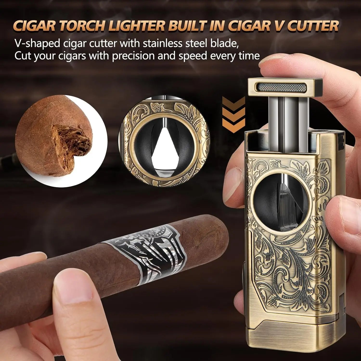 5-in-1 Premium Cigar Lighter with V-Cut, Punch & Quad Torch