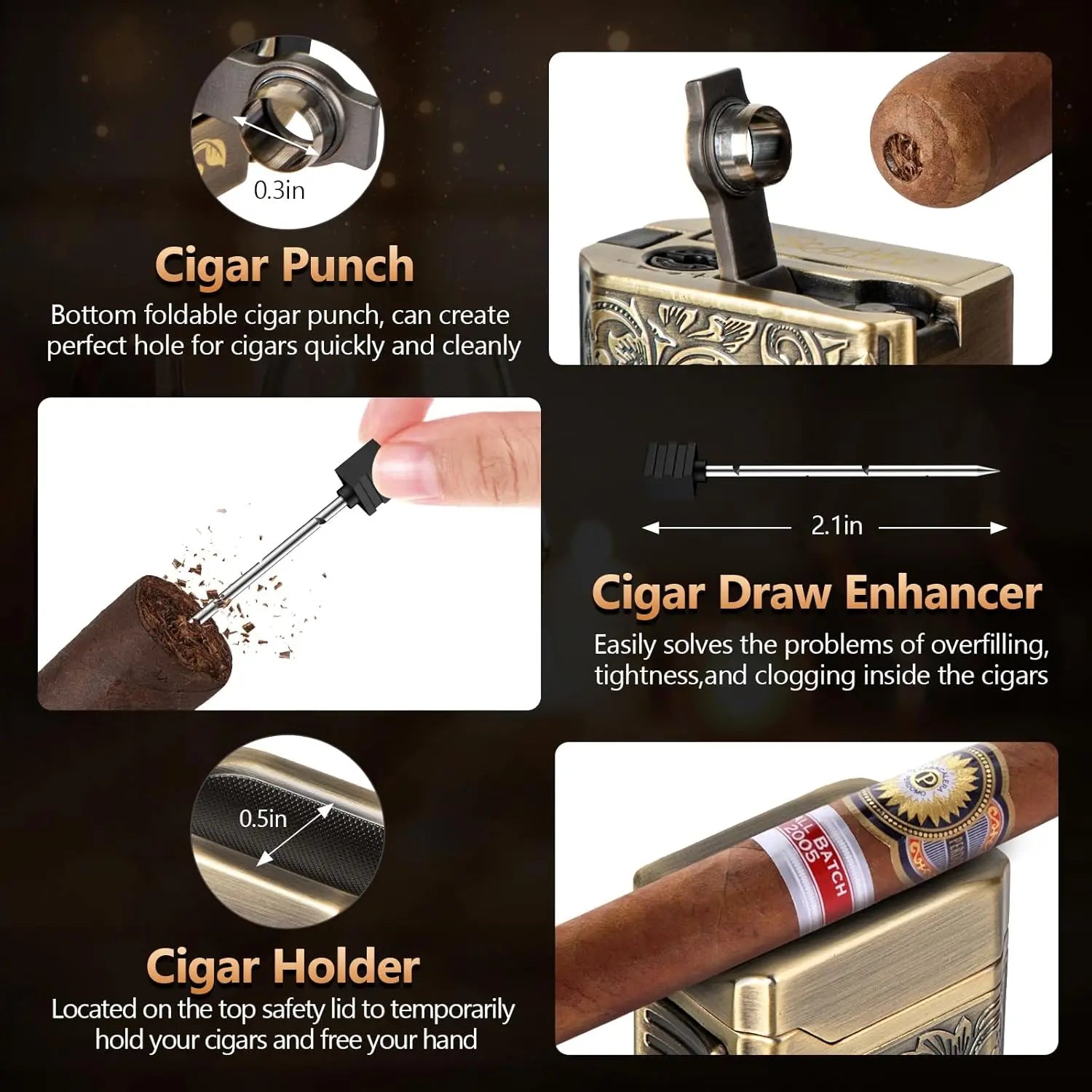 5-in-1 Premium Cigar Lighter with V-Cut, Punch & Quad Torch