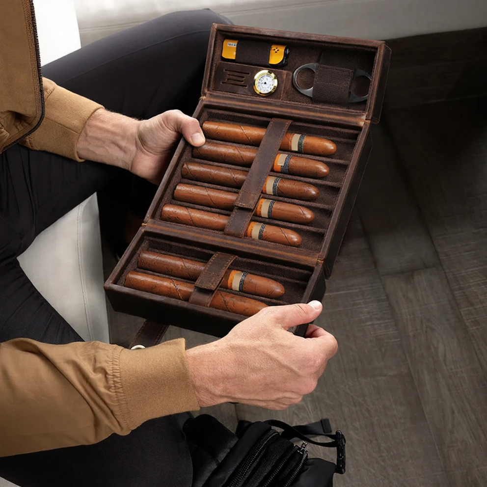 Leather Travel Cigar Humidor Case with Accessory Storage