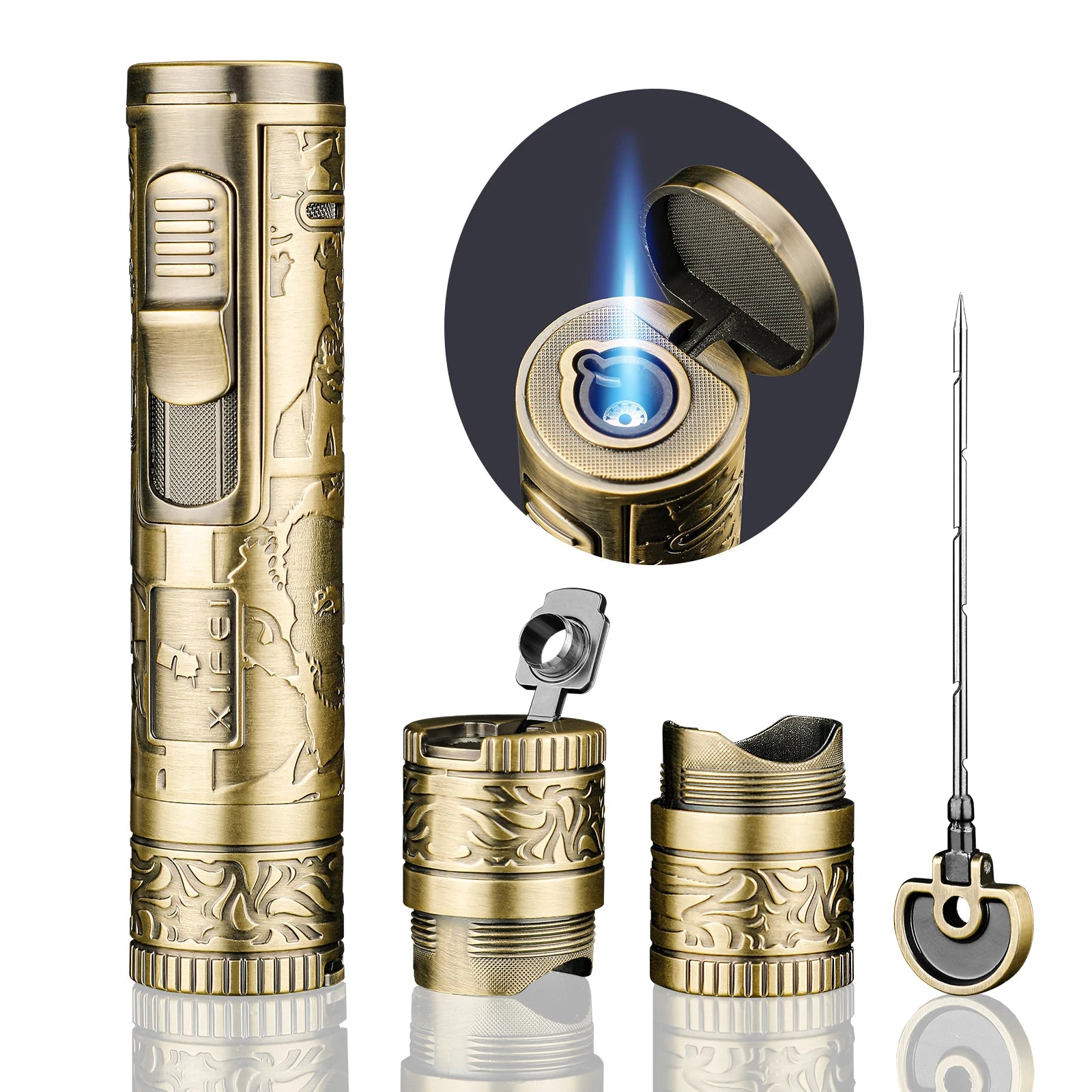 Gold lighter with detailed design, open to show flame, and additional accessories on a white background.