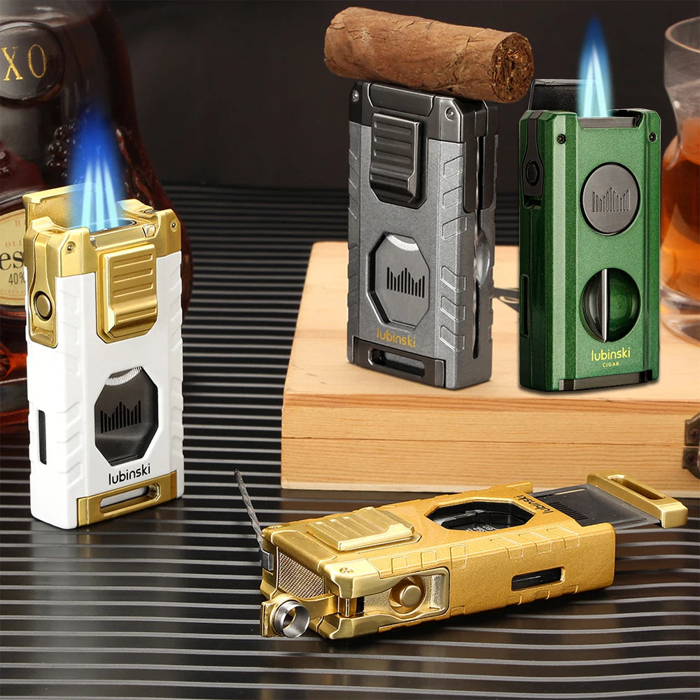 Collection of cigar accessories including lighters and a cutter on a wooden surface.