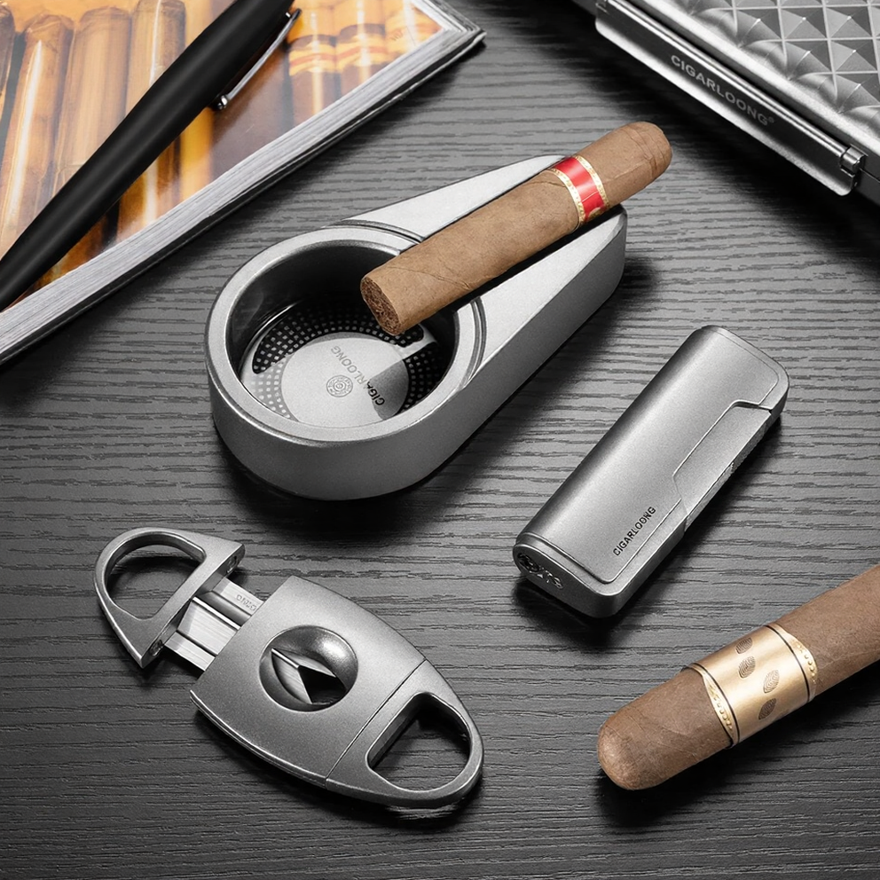 Professional Cigar Accessory Set with Torch Lighter, V-Cut & Ashtray