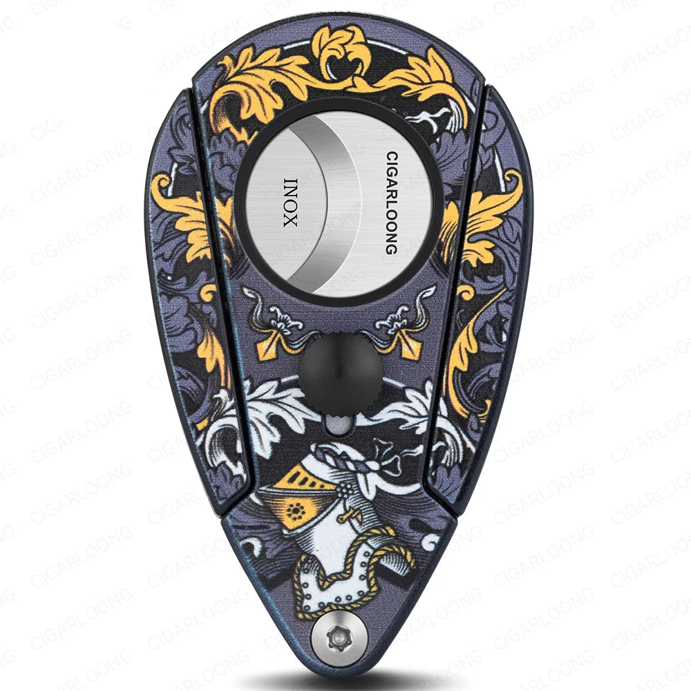 Decorative cigar cutter with intricate patterns on a white background, branded 'Cigarloong'.
