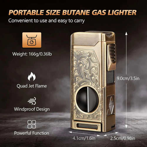 5-in-1 Premium Cigar Lighter with V-Cut, Punch & Quad Torch