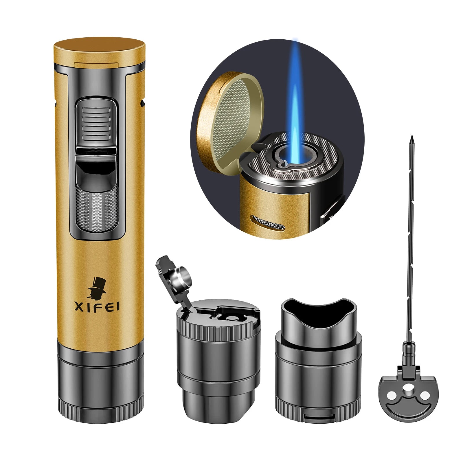 Gold and silver XIFEI lighter with detachable parts on a white background