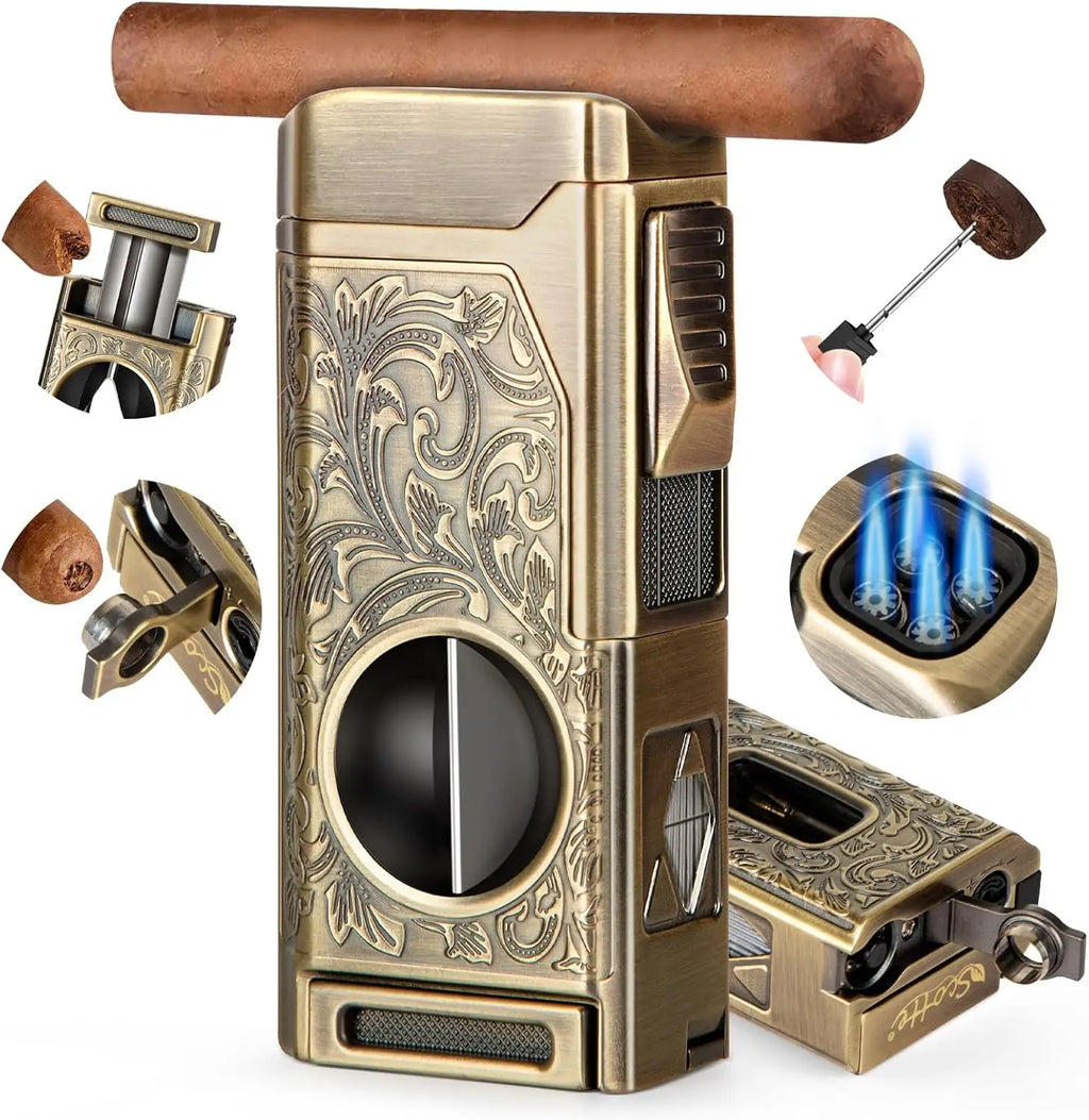 5-in-1 Premium Cigar Lighter with V-Cut, Punch & Quad Torch