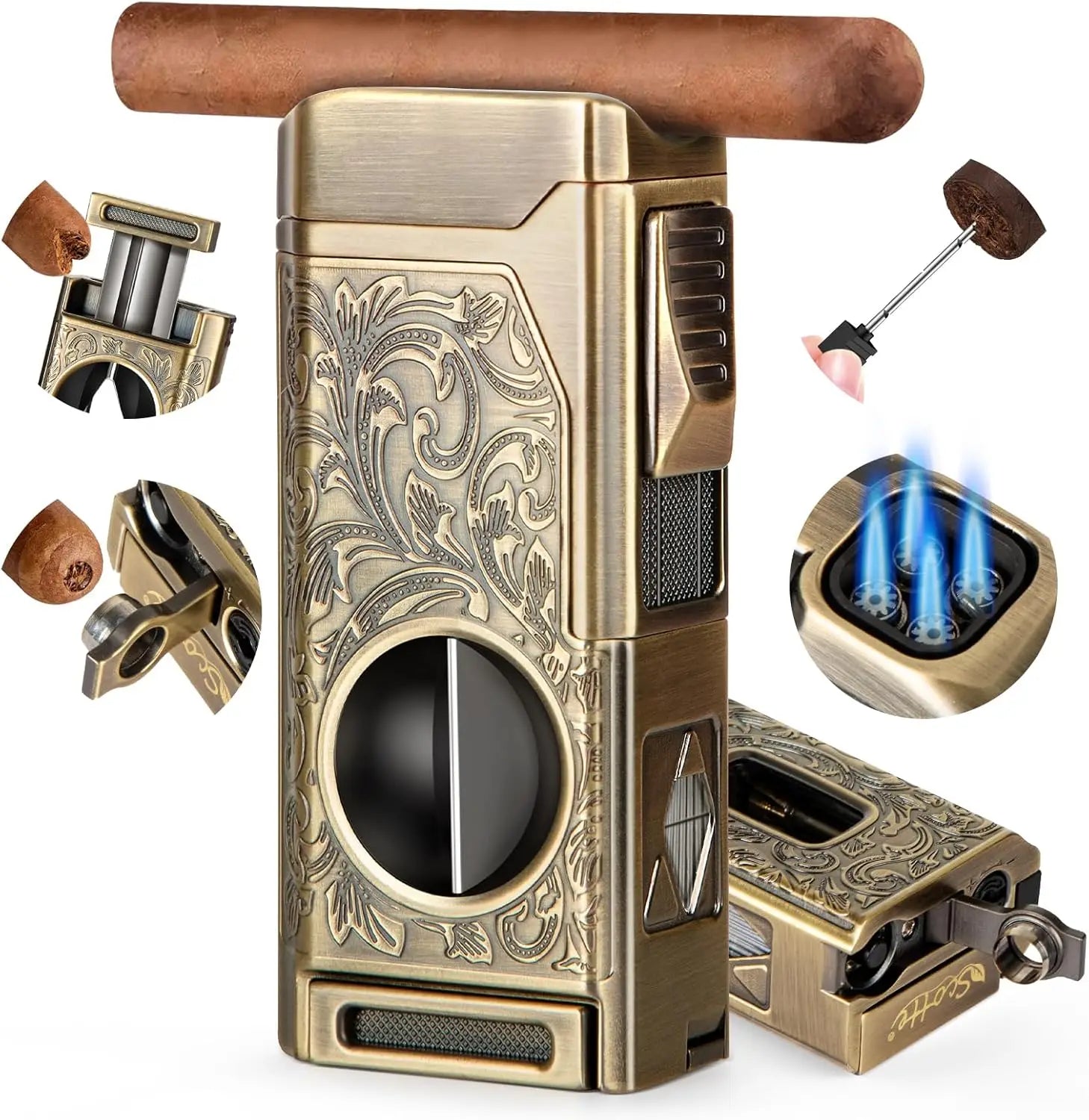 5-in-1 Premium Cigar Lighter with V-Cut, Punch & Quad Torch