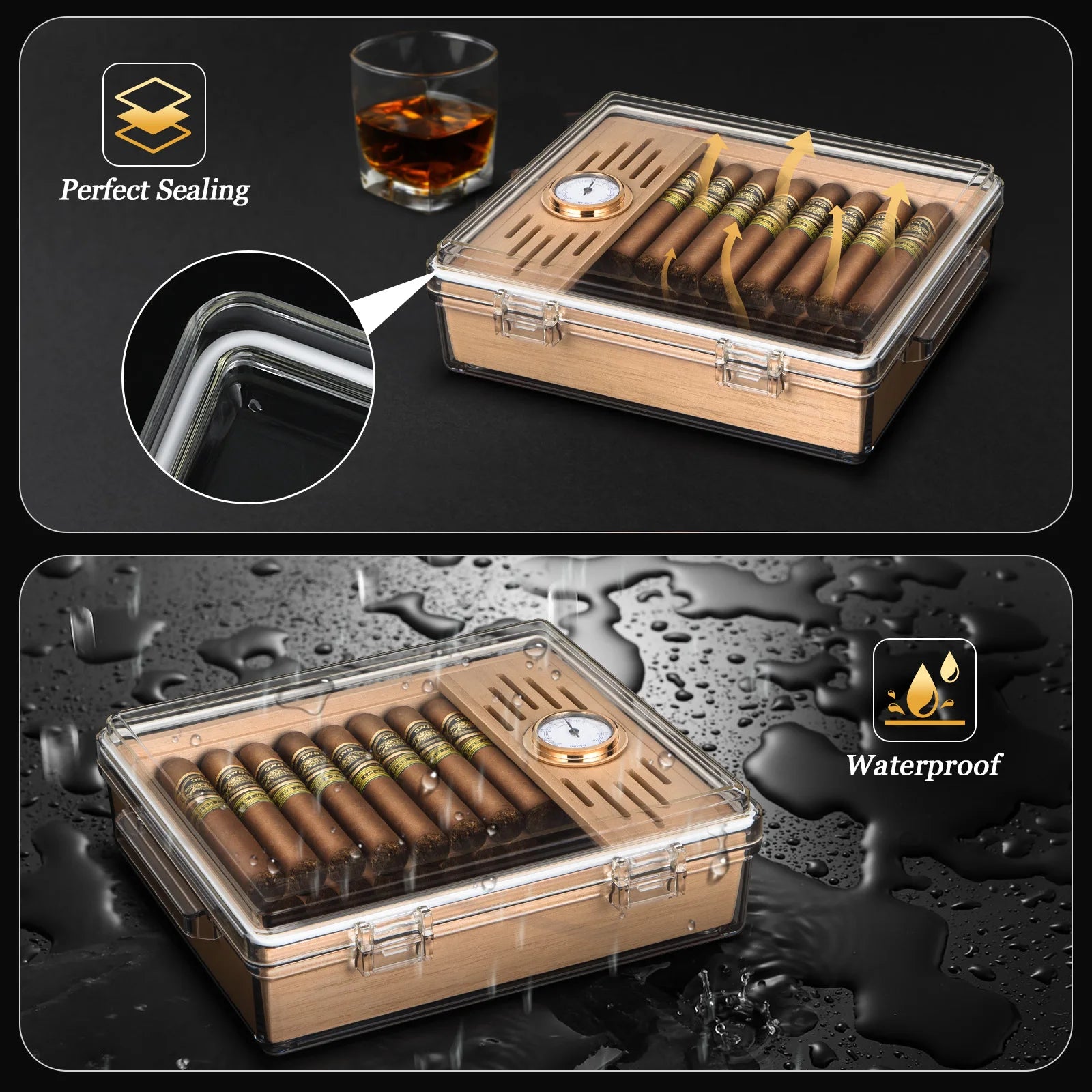 Transparent Acrylic Cedar Wood Cigar Humidor Display Case