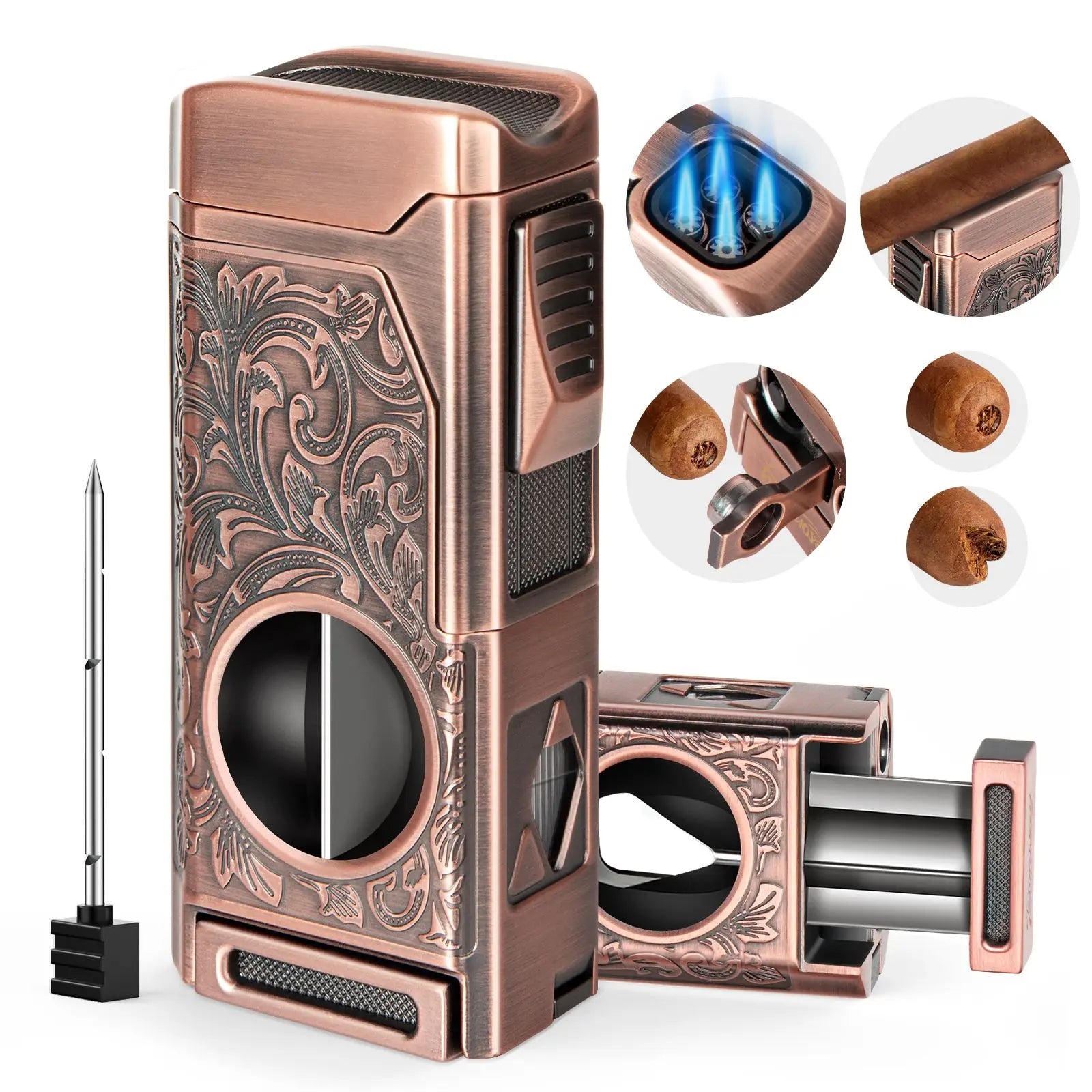 5-in-1 Premium Cigar Lighter with V-Cut, Punch & Quad Torch