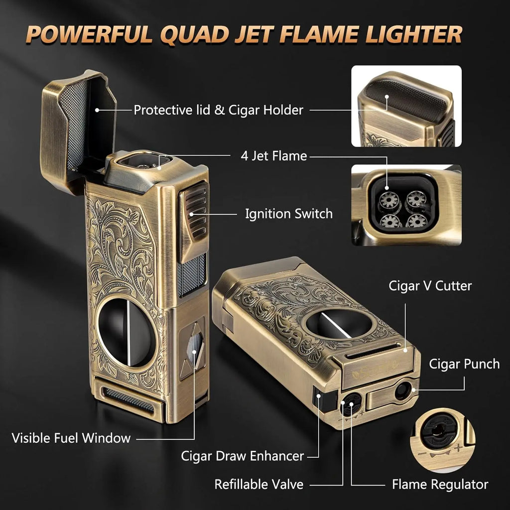 5-in-1 Premium Cigar Lighter with V-Cut, Punch & Quad Torch