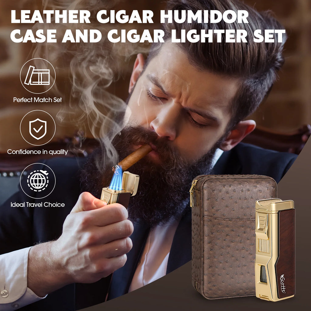 Luxury Leather Travel Cigar Humidor Set with Lighter & Accessories