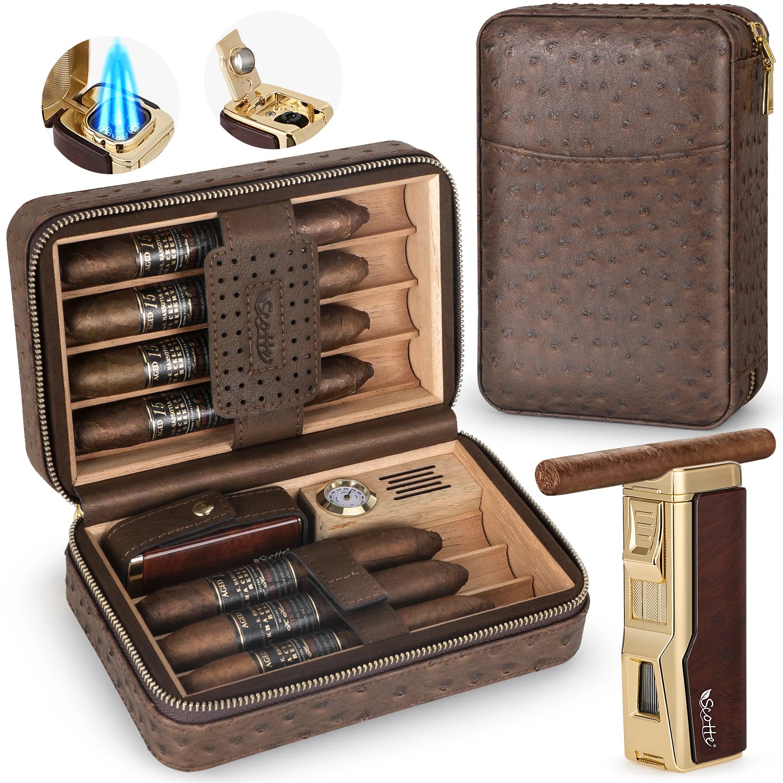Luxury Leather Travel Cigar Humidor Set with Lighter & Accessories