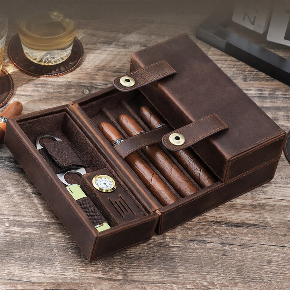 Leather Travel Cigar Humidor Case with Accessory Storage