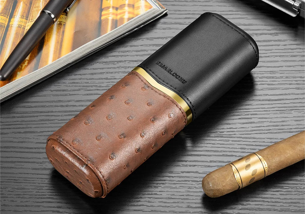 Brown leather cigar case with gold accents on a dark surface, featuring the brand 'Cigarloong'.
