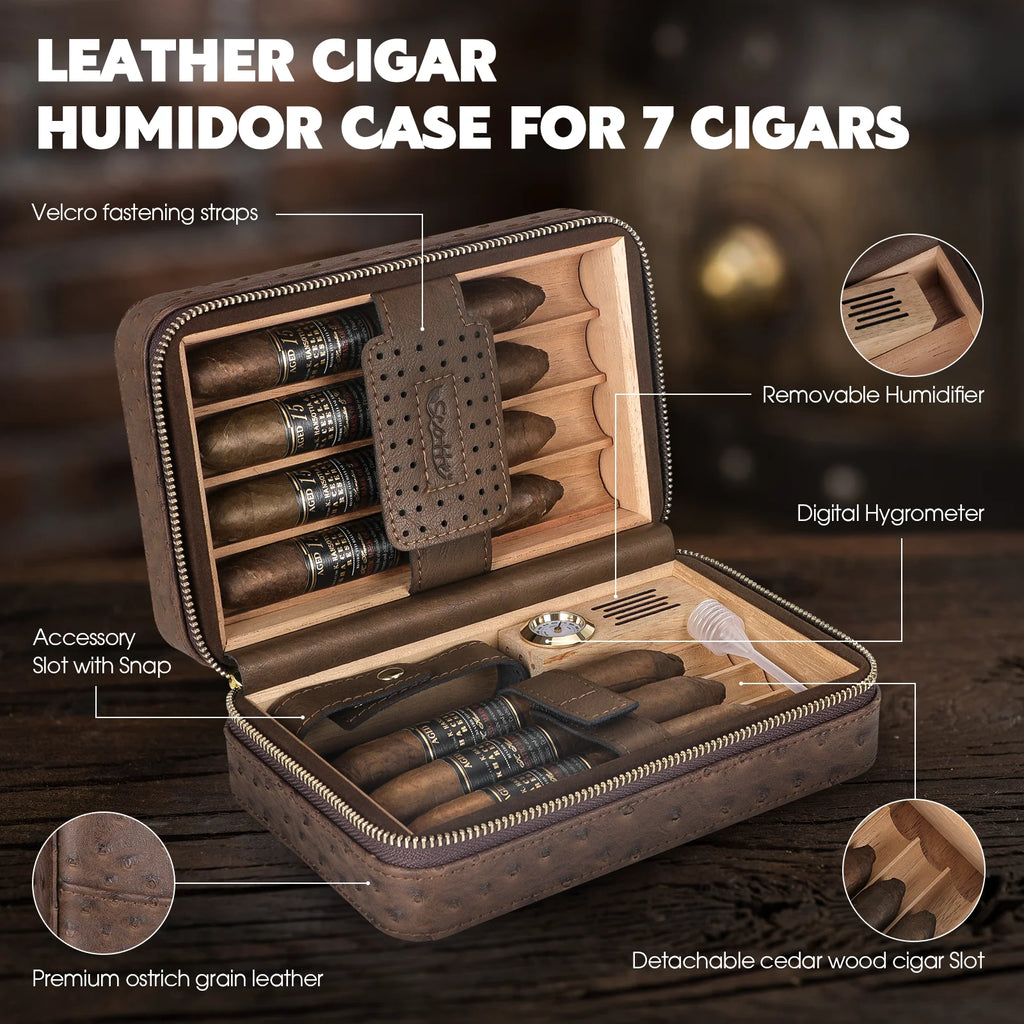 Luxury Leather Travel Cigar Humidor Set with Lighter & Accessories